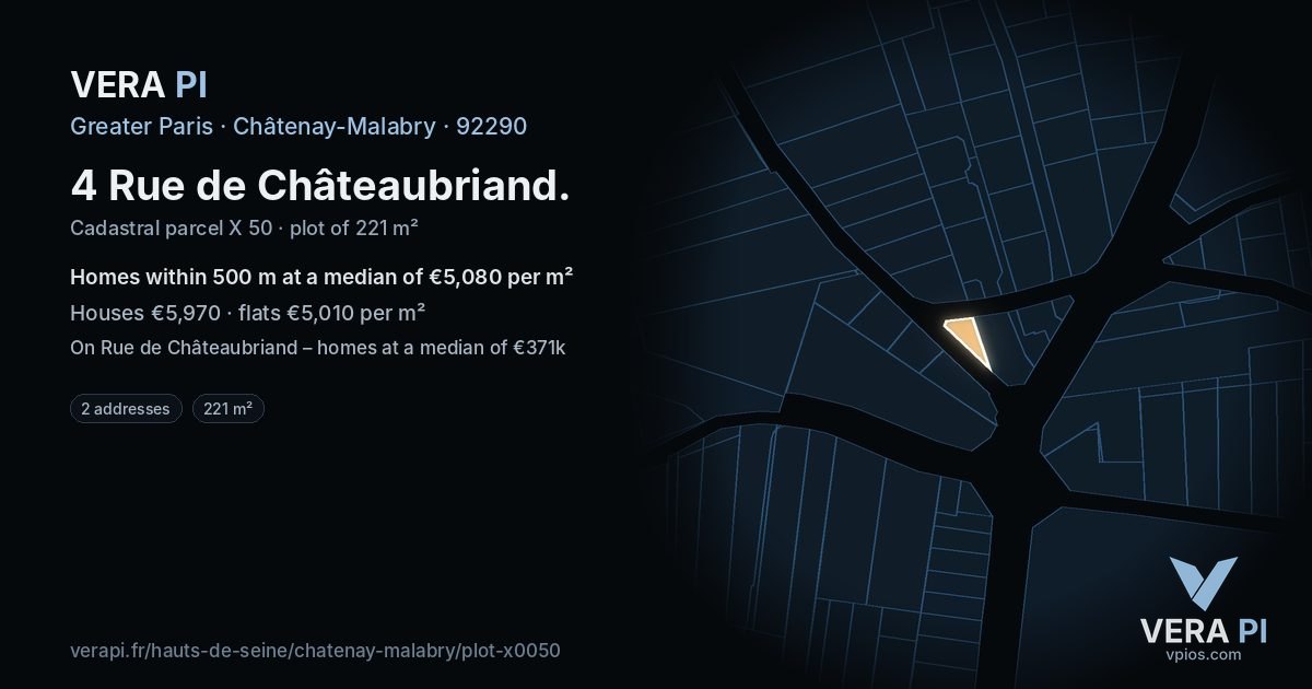 4 Rue de Châteaubriand, Châtenay-Malabry at night – the plot lit, the parcels around coloured by the prices near them