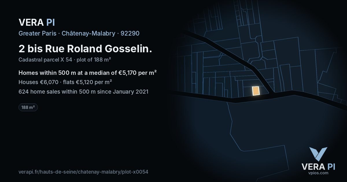 2 bis Rue Roland Gosselin, Châtenay-Malabry at night – the plot lit, the parcels around coloured by the prices near them