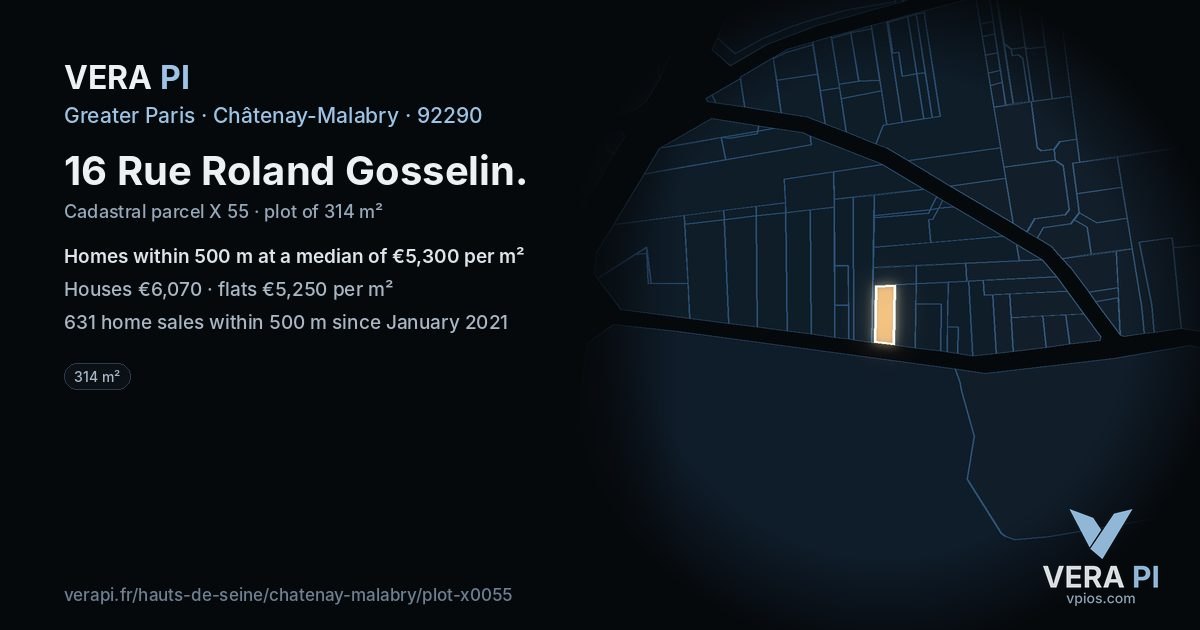 16 Rue Roland Gosselin, Châtenay-Malabry at night – the plot lit, the parcels around coloured by the prices near them