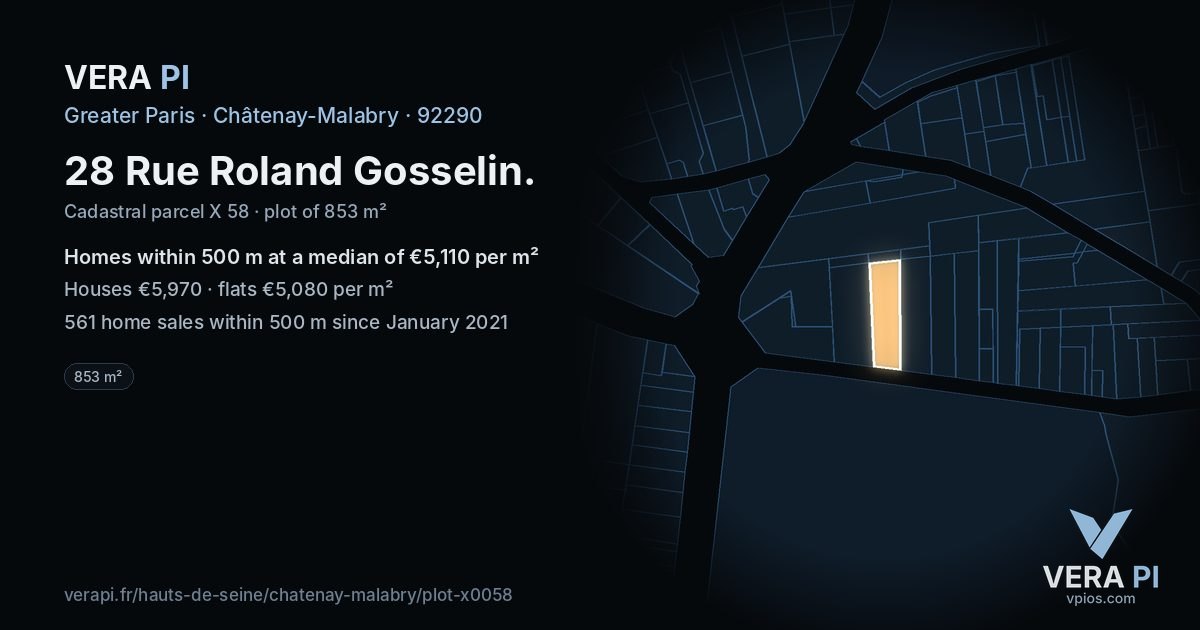 28 Rue Roland Gosselin, Châtenay-Malabry at night – the plot lit, the parcels around coloured by the prices near them