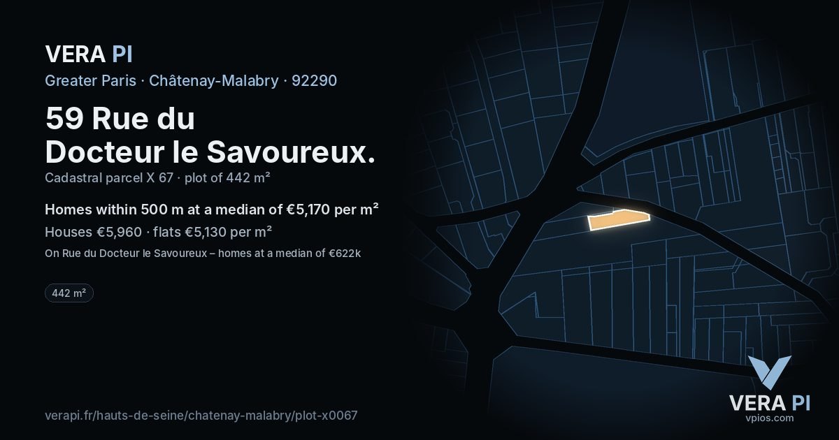 59 Rue du Docteur le Savoureux, Châtenay-Malabry at night – the plot lit, the parcels around coloured by the prices near them