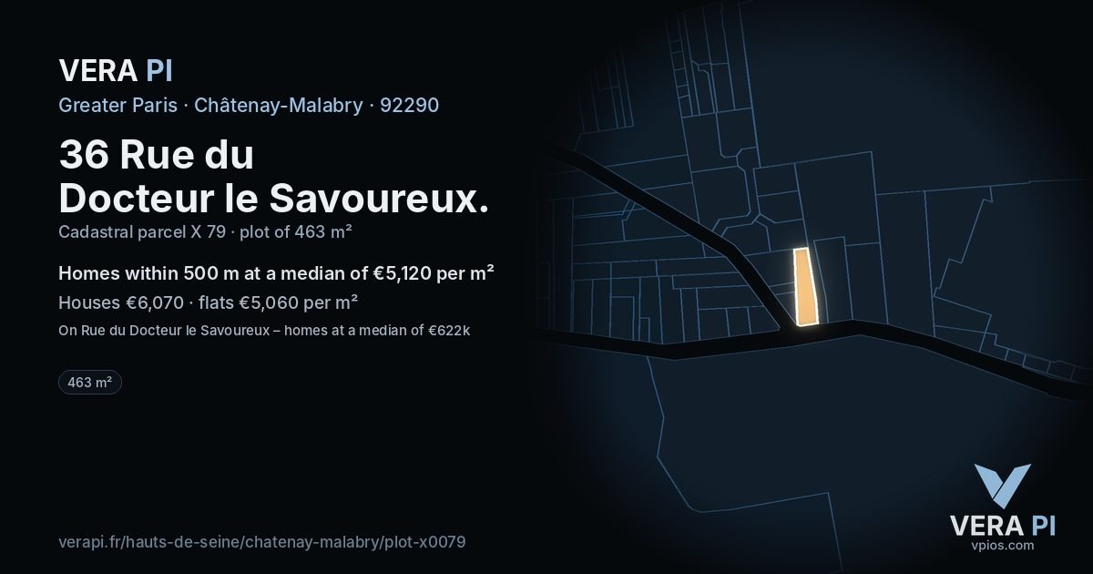 36 Rue du Docteur le Savoureux, Châtenay-Malabry at night – the plot lit, the parcels around coloured by the prices near them