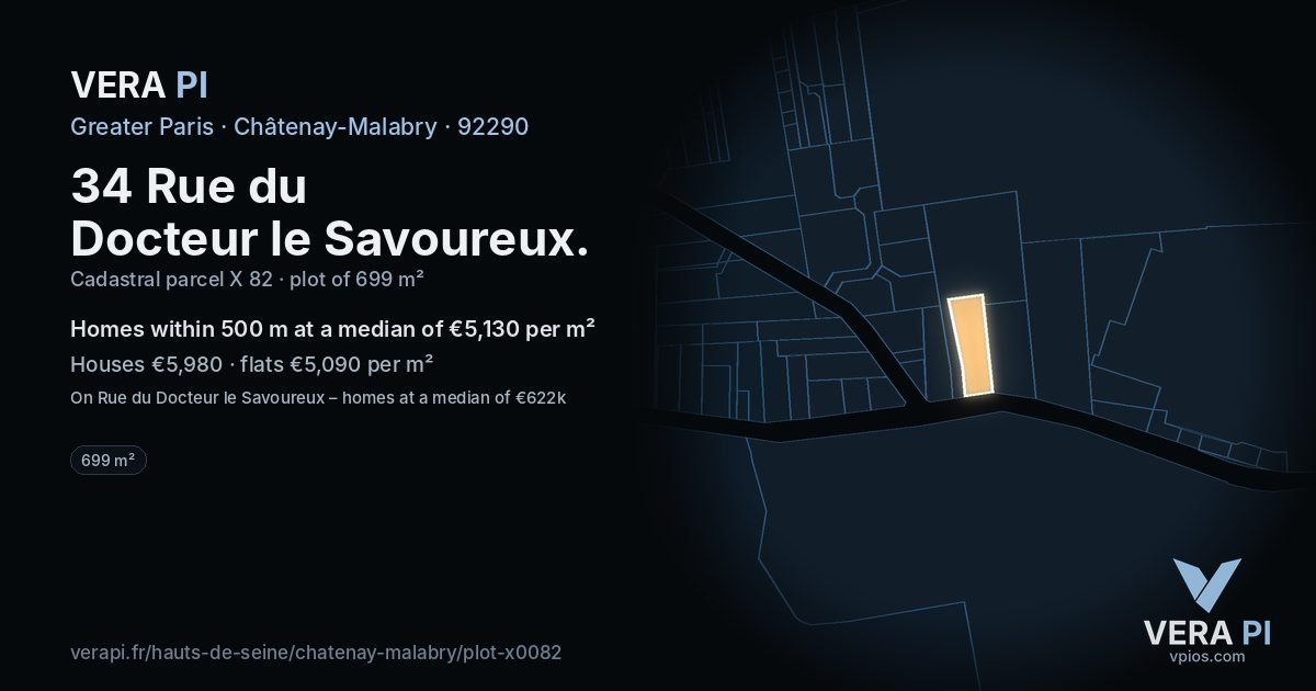 34 Rue du Docteur le Savoureux, Châtenay-Malabry at night – the plot lit, the parcels around coloured by the prices near them