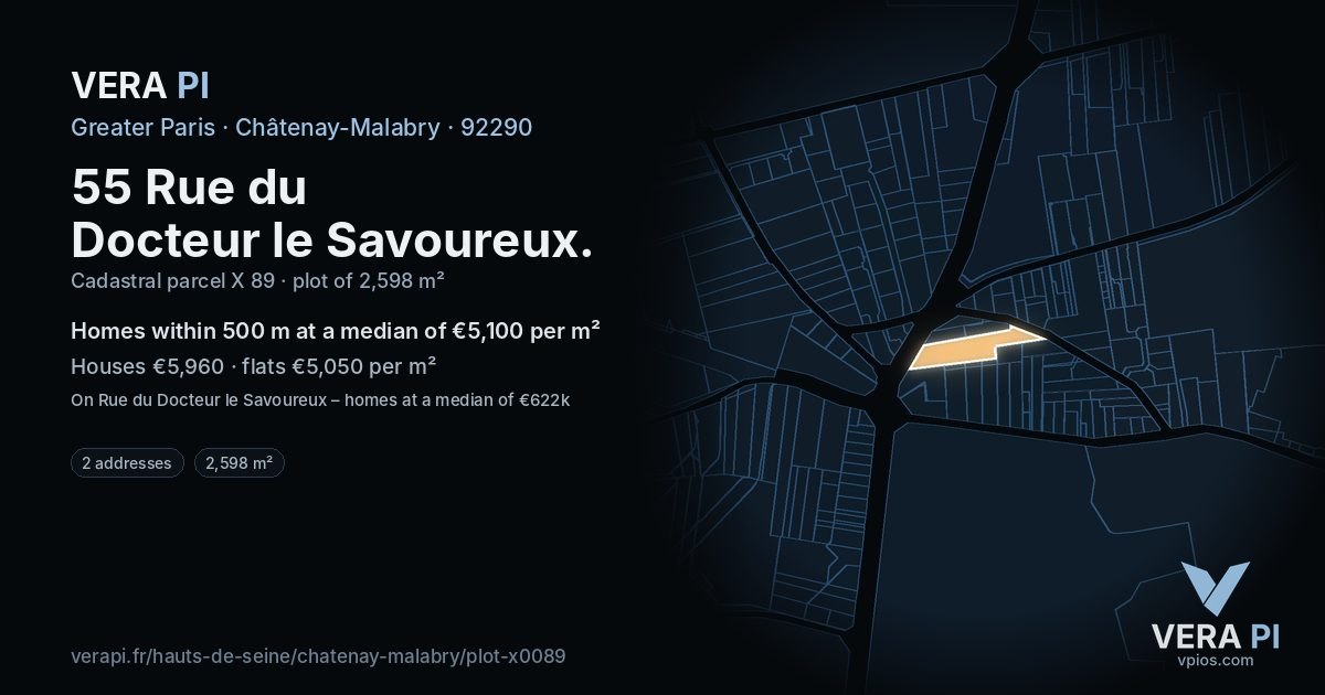 55 Rue du Docteur le Savoureux, Châtenay-Malabry at night – the plot lit, the parcels around coloured by the prices near them