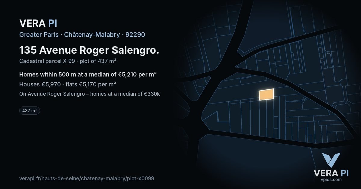 135 Avenue Roger Salengro, Châtenay-Malabry at night – the plot lit, the parcels around coloured by the prices near them