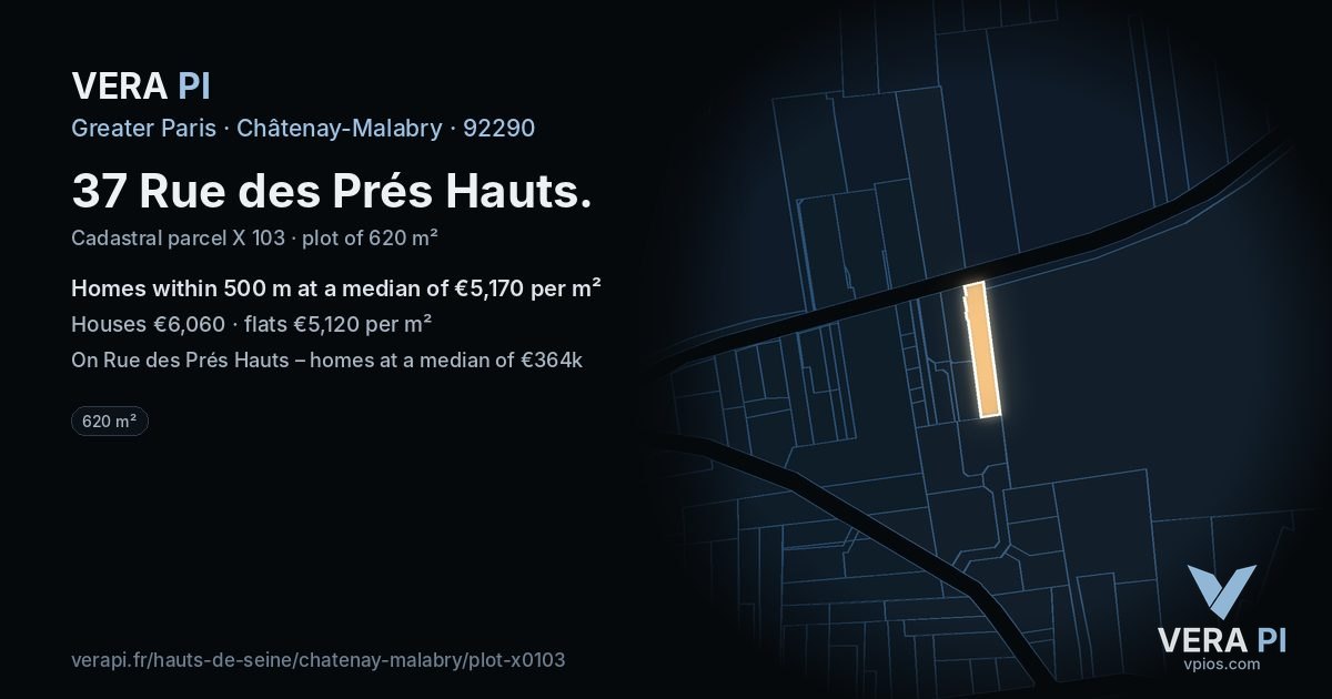 37 Rue des Prés Hauts, Châtenay-Malabry at night – the plot lit, the parcels around coloured by the prices near them
