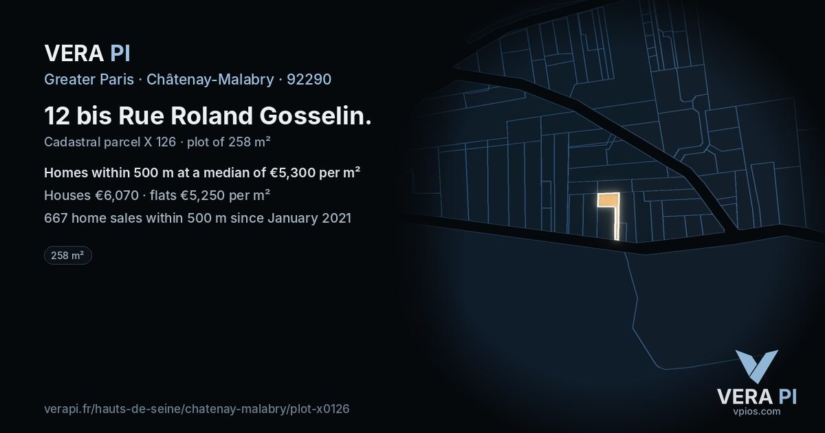 12 bis Rue Roland Gosselin, Châtenay-Malabry at night – the plot lit, the parcels around coloured by the prices near them