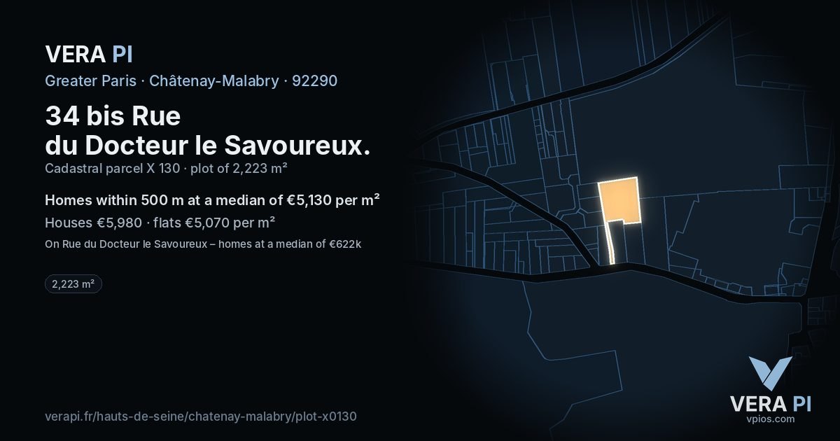34 bis Rue du Docteur le Savoureux, Châtenay-Malabry at night – the plot lit, the parcels around coloured by the prices near them