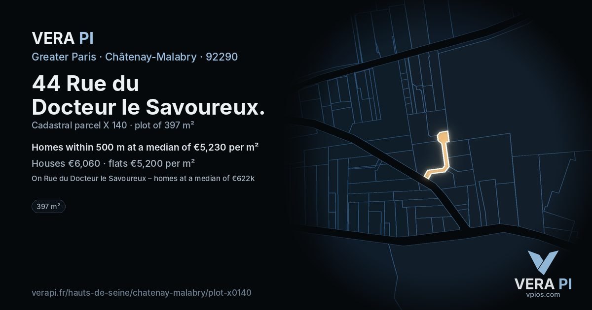 44 Rue du Docteur le Savoureux, Châtenay-Malabry at night – the plot lit, the parcels around coloured by the prices near them
