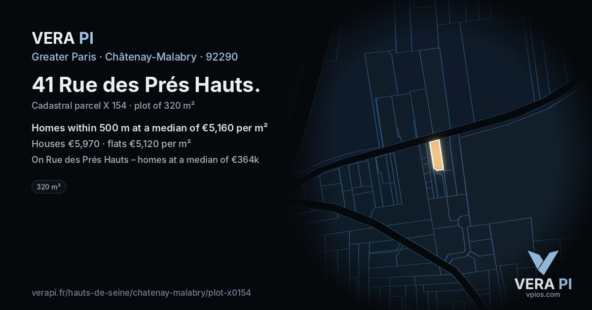 41 Rue des Prés Hauts, Châtenay-Malabry at night – the plot lit, the parcels around coloured by the prices near them
