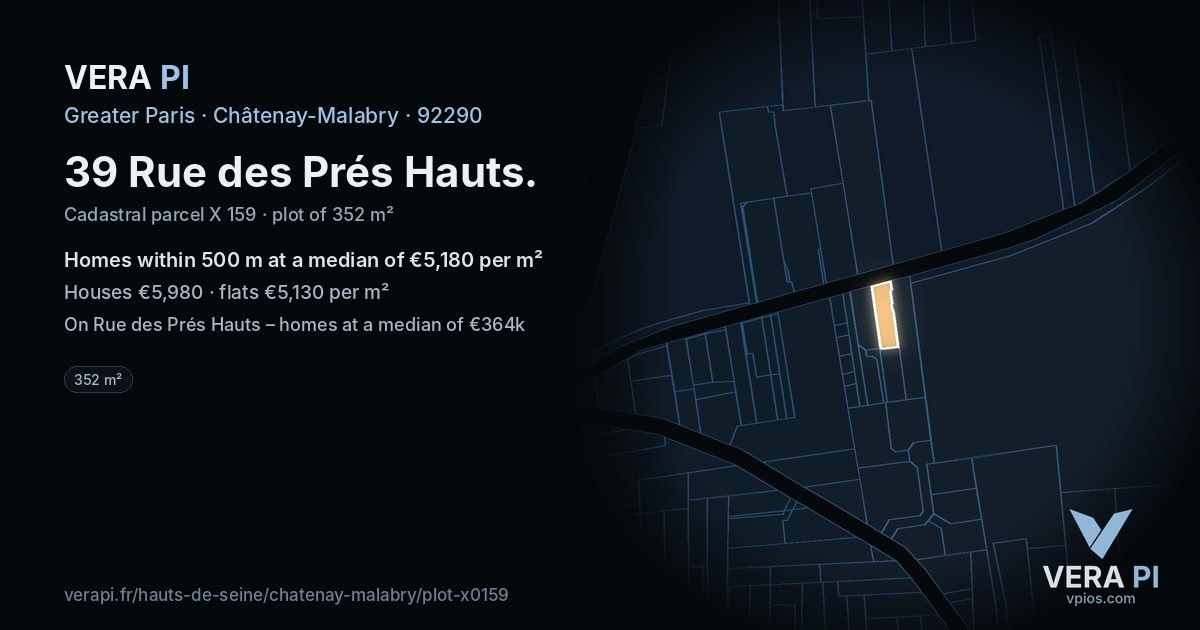 39 Rue des Prés Hauts, Châtenay-Malabry at night – the plot lit, the parcels around coloured by the prices near them