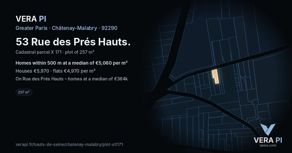 53 Rue des Prés Hauts, Châtenay-Malabry at night – the plot lit, the parcels around coloured by the prices near them