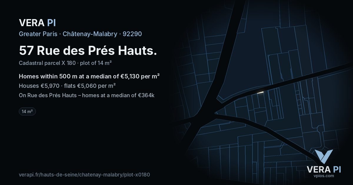 57 Rue des Prés Hauts, Châtenay-Malabry at night – the plot lit, the parcels around coloured by the prices near them