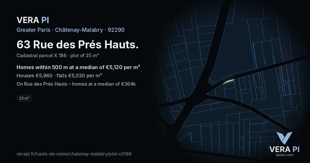 63 Rue des Prés Hauts, Châtenay-Malabry at night – the plot lit, the parcels around coloured by the prices near them