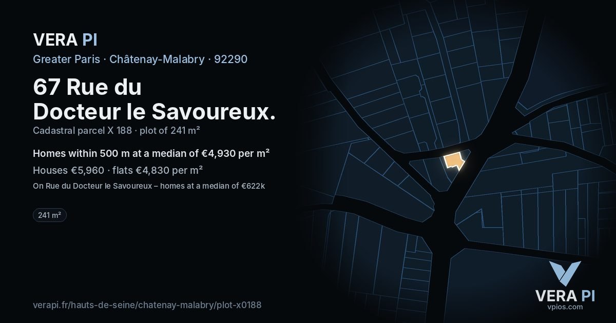 67 Rue du Docteur le Savoureux, Châtenay-Malabry at night – the plot lit, the parcels around coloured by the prices near them