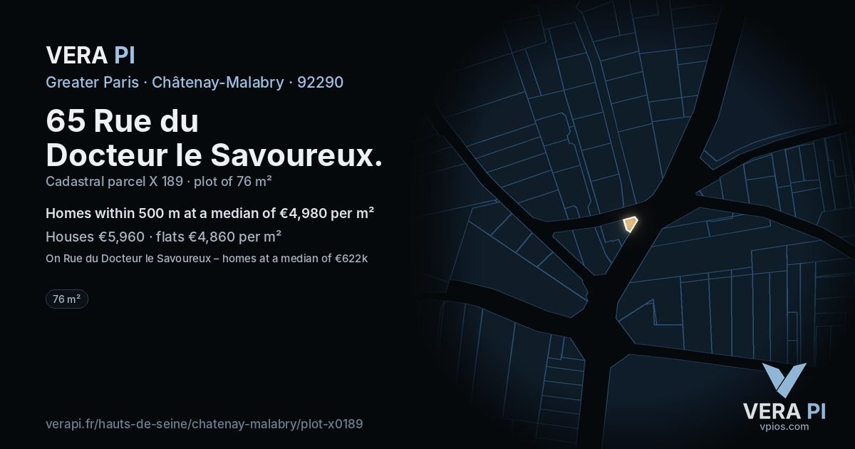 65 Rue du Docteur le Savoureux, Châtenay-Malabry at night – the plot lit, the parcels around coloured by the prices near them