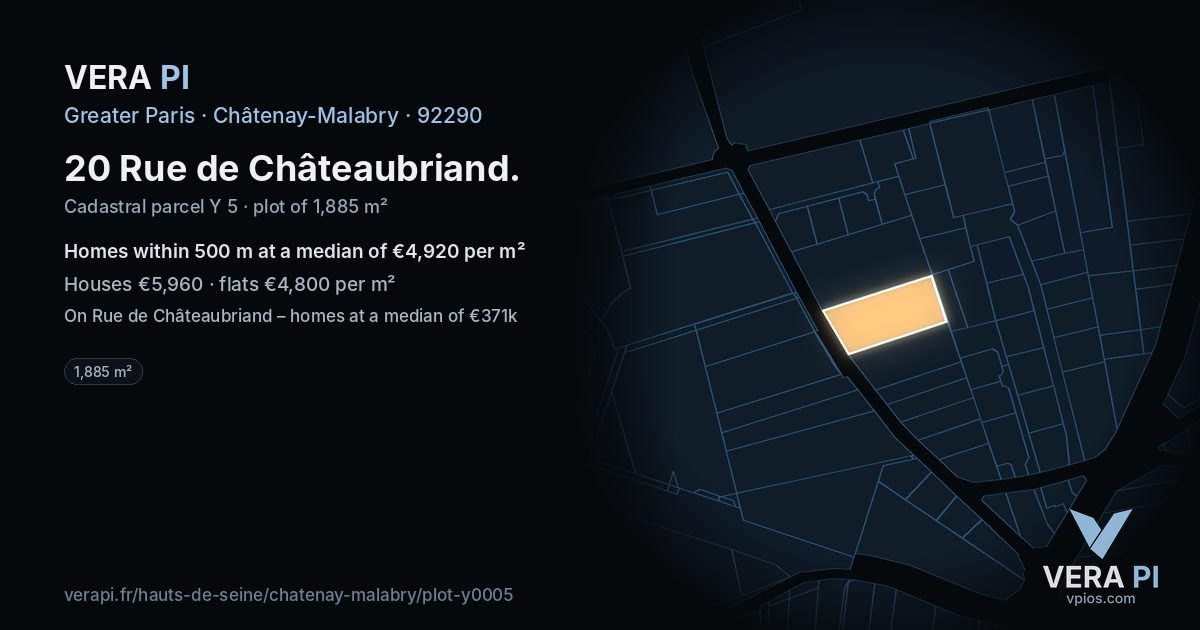 20 Rue de Châteaubriand, Châtenay-Malabry at night – the plot lit, the parcels around coloured by the prices near them