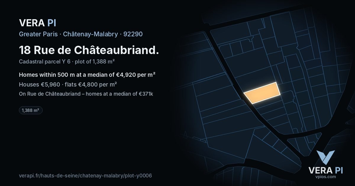 18 Rue de Châteaubriand, Châtenay-Malabry at night – the plot lit, the parcels around coloured by the prices near them