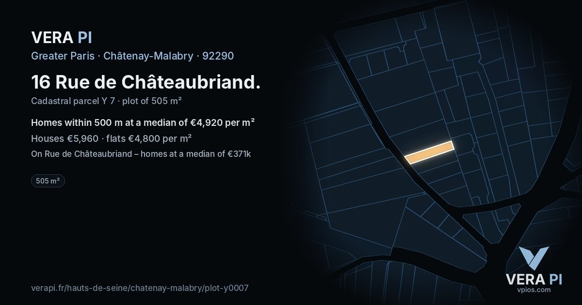 16 Rue de Châteaubriand, Châtenay-Malabry at night – the plot lit, the parcels around coloured by the prices near them