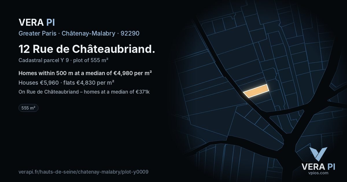 12 Rue de Châteaubriand, Châtenay-Malabry at night – the plot lit, the parcels around coloured by the prices near them