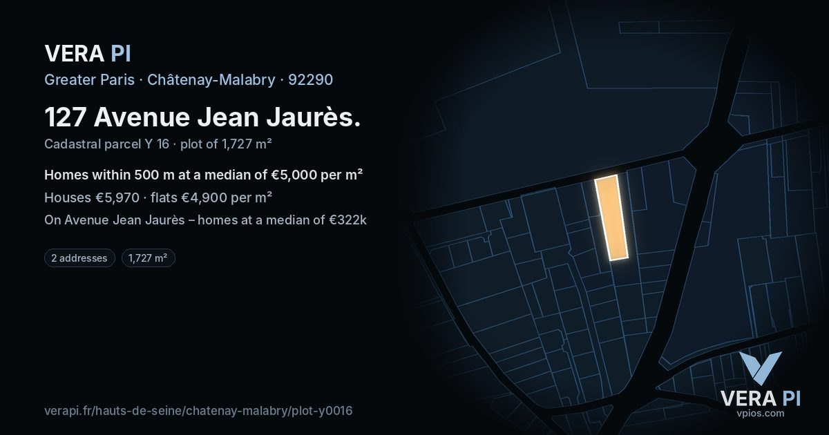 127 Avenue Jean Jaurès, Châtenay-Malabry at night – the plot lit, the parcels around coloured by the prices near them