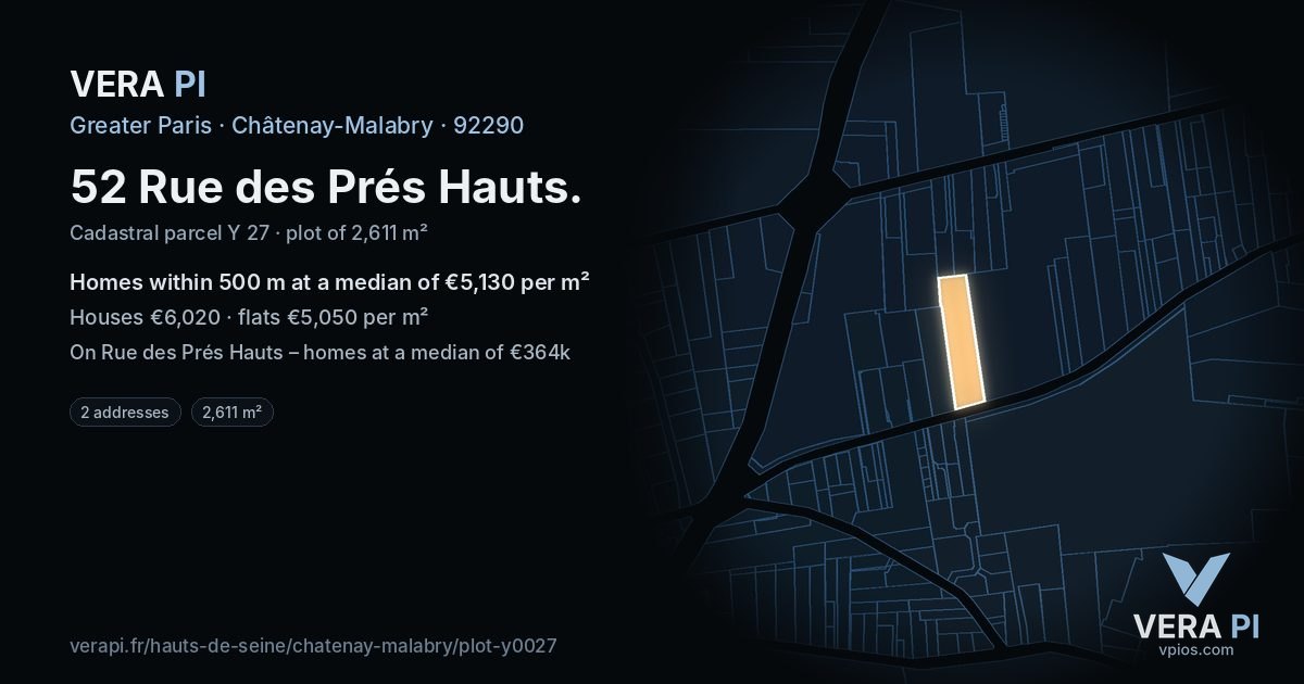 52 Rue des Prés Hauts, Châtenay-Malabry at night – the plot lit, the parcels around coloured by the prices near them