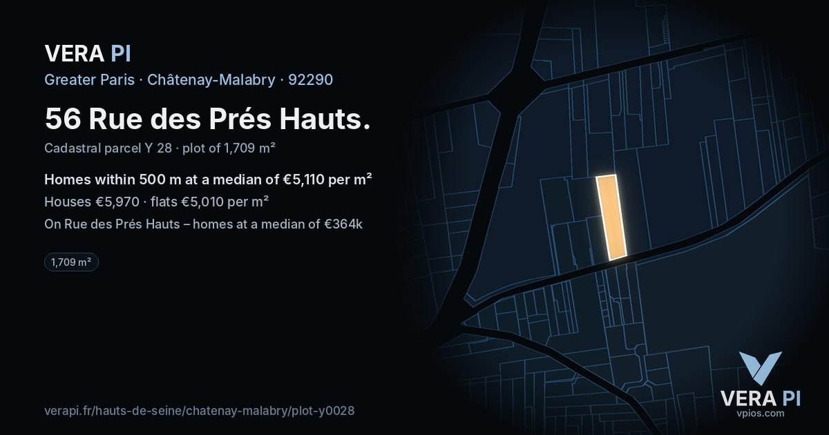 56 Rue des Prés Hauts, Châtenay-Malabry at night – the plot lit, the parcels around coloured by the prices near them