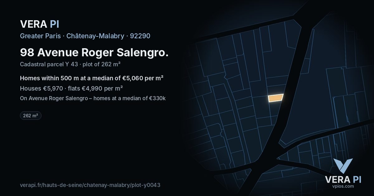 98 Avenue Roger Salengro, Châtenay-Malabry at night – the plot lit, the parcels around coloured by the prices near them