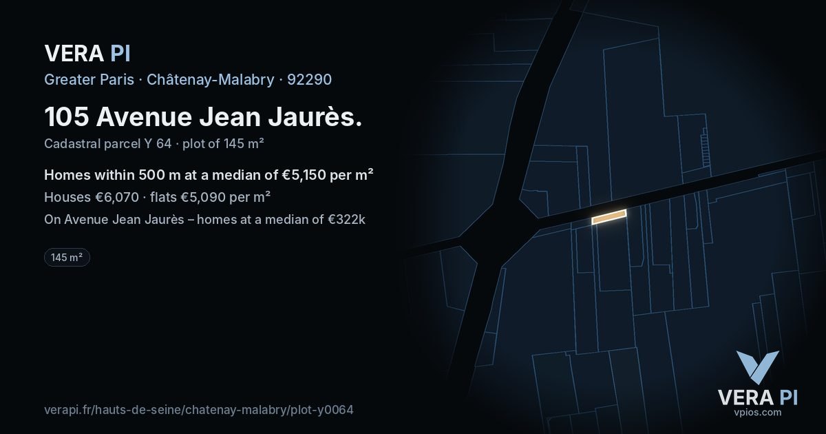 105 Avenue Jean Jaurès, Châtenay-Malabry at night – the plot lit, the parcels around coloured by the prices near them