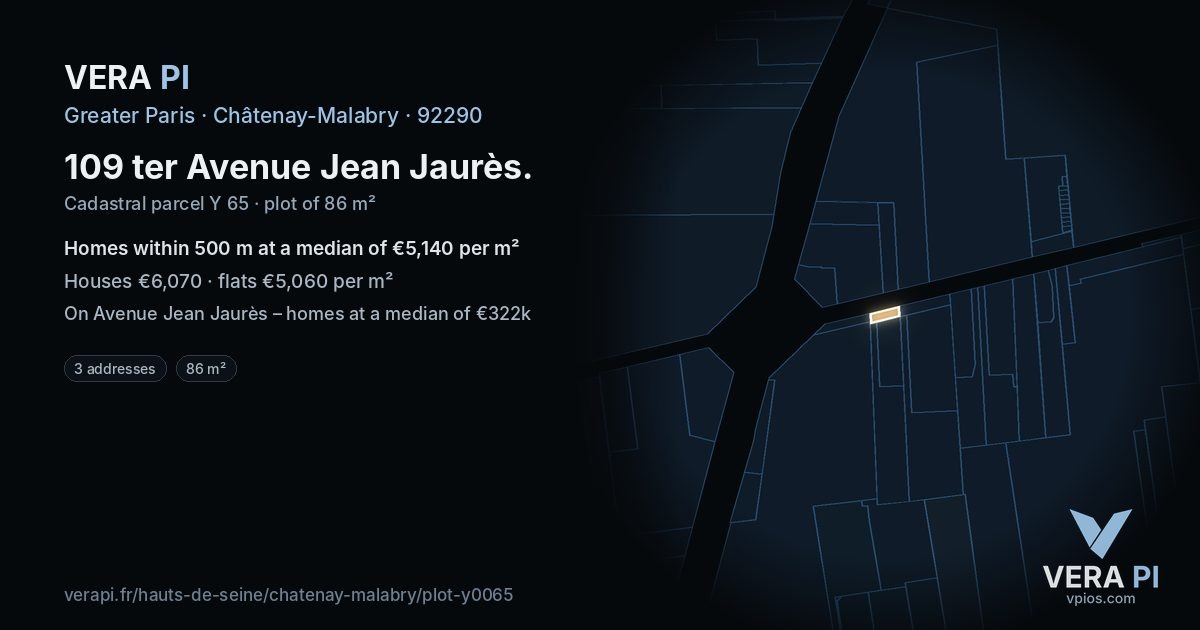 109 ter Avenue Jean Jaurès, Châtenay-Malabry at night – the plot lit, the parcels around coloured by the prices near them