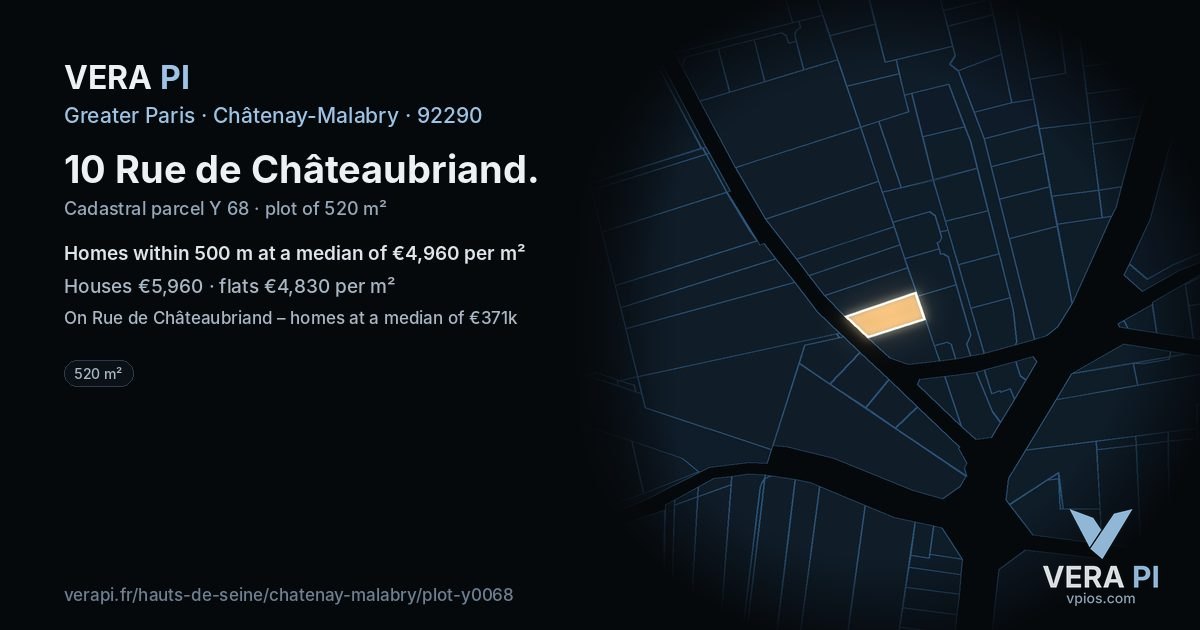 10 Rue de Châteaubriand, Châtenay-Malabry at night – the plot lit, the parcels around coloured by the prices near them