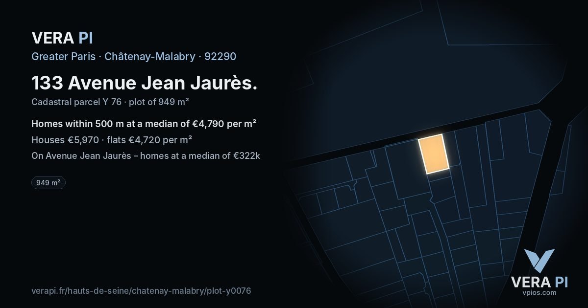 133 Avenue Jean Jaurès, Châtenay-Malabry at night – the plot lit, the parcels around coloured by the prices near them