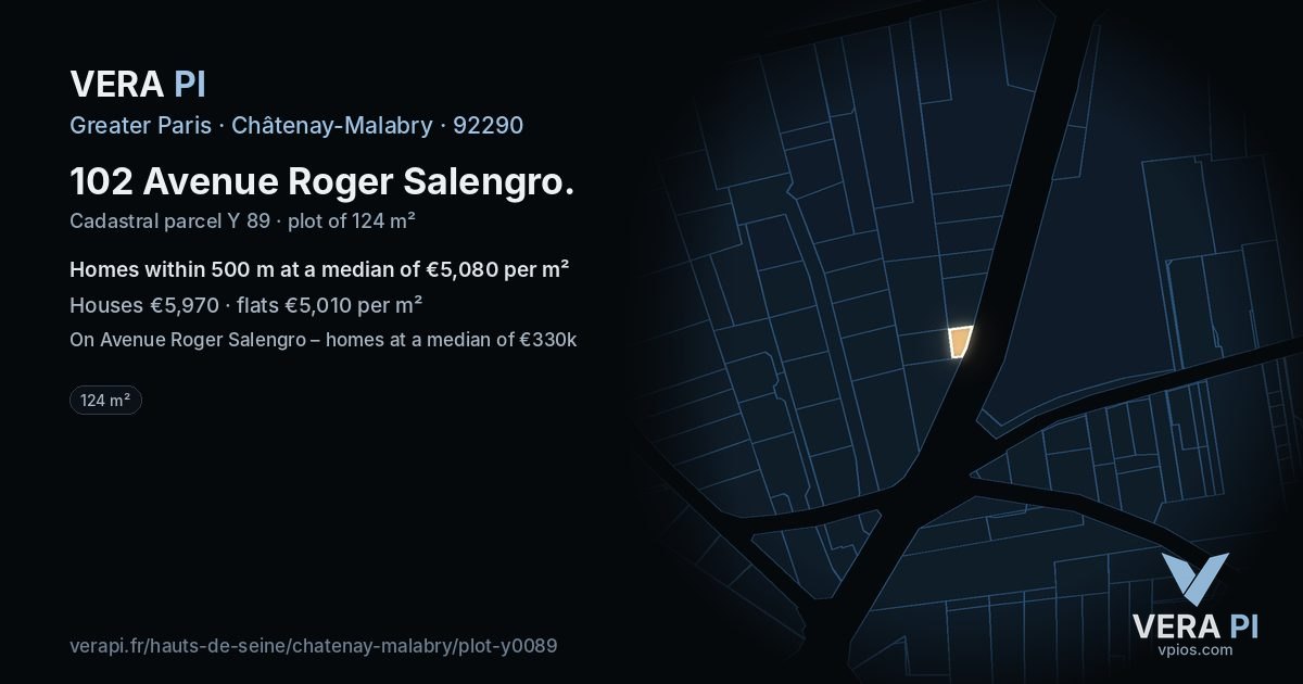 102 Avenue Roger Salengro, Châtenay-Malabry at night – the plot lit, the parcels around coloured by the prices near them