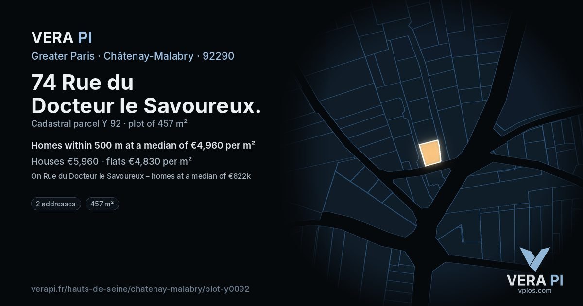 74 Rue du Docteur le Savoureux, Châtenay-Malabry at night – the plot lit, the parcels around coloured by the prices near them