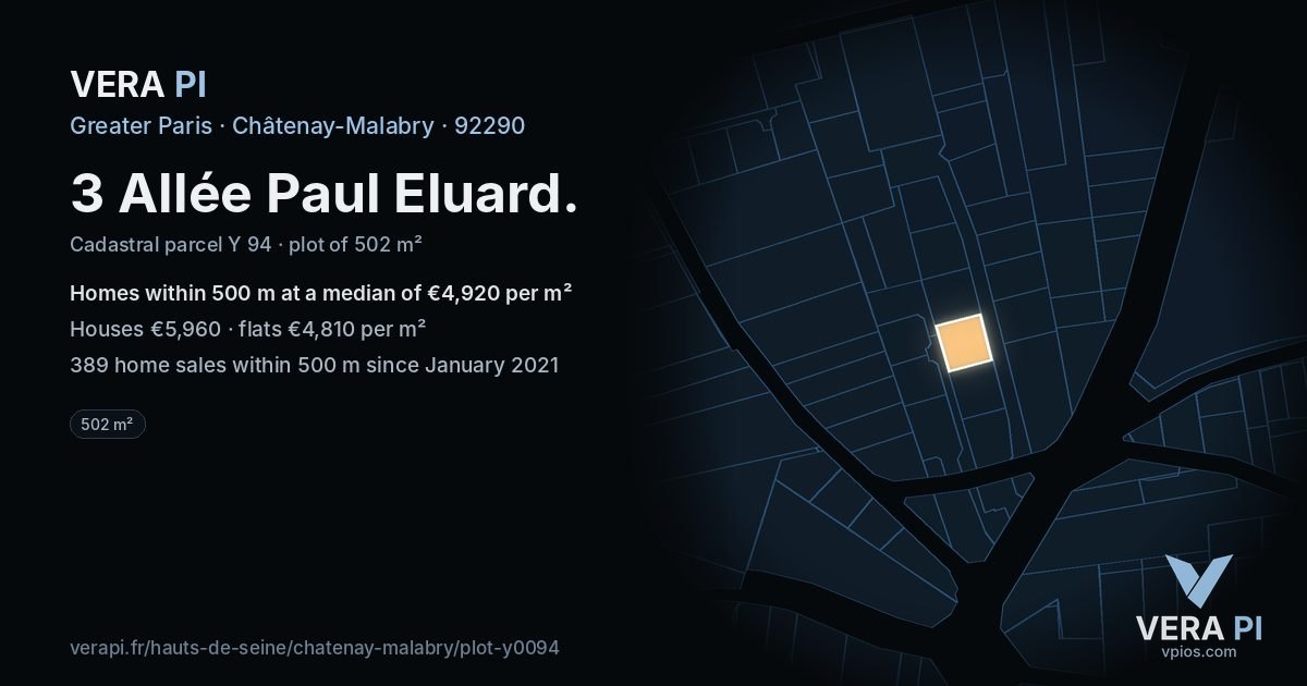 3 Allée Paul Eluard, Châtenay-Malabry at night – the plot lit, the parcels around coloured by the prices near them