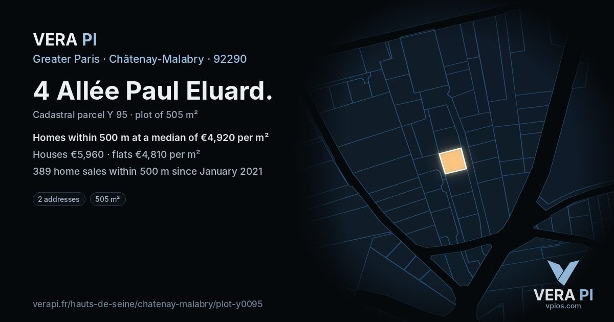 4 Allée Paul Eluard, Châtenay-Malabry at night – the plot lit, the parcels around coloured by the prices near them