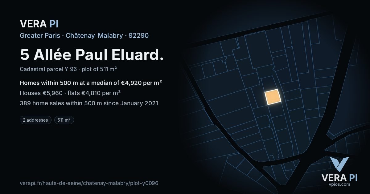 5 Allée Paul Eluard, Châtenay-Malabry at night – the plot lit, the parcels around coloured by the prices near them