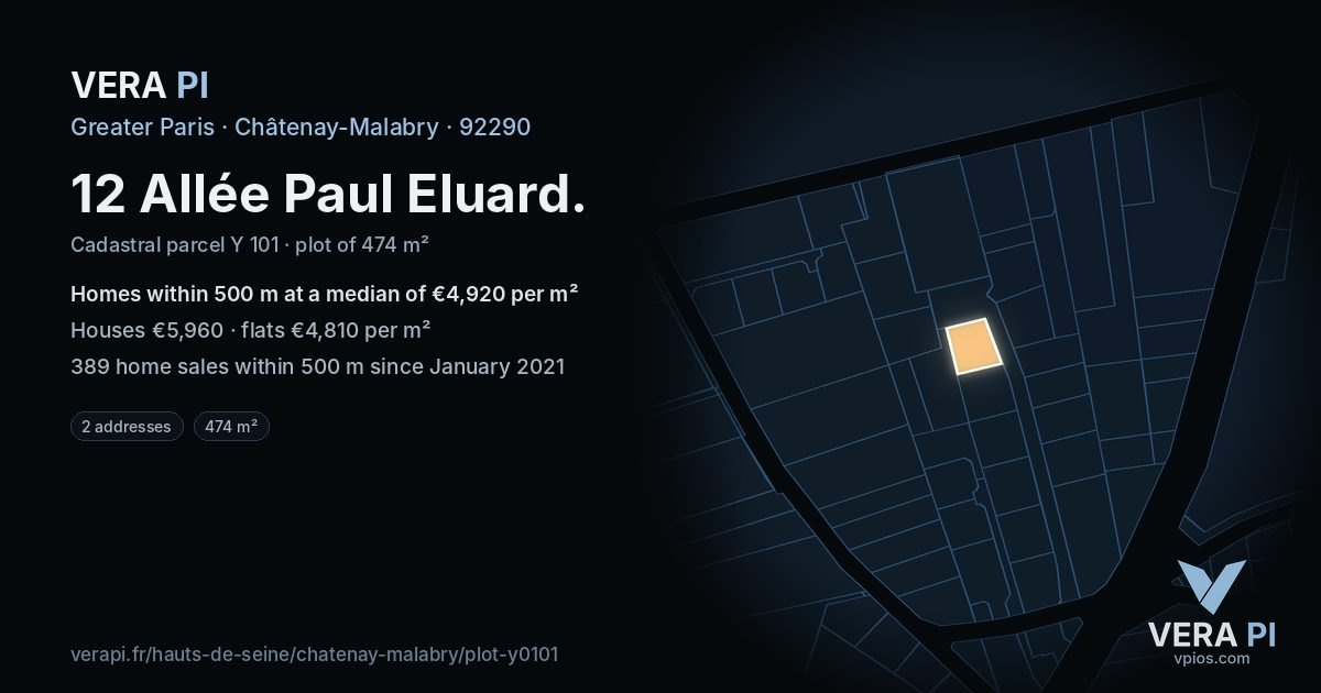 12 Allée Paul Eluard, Châtenay-Malabry at night – the plot lit, the parcels around coloured by the prices near them