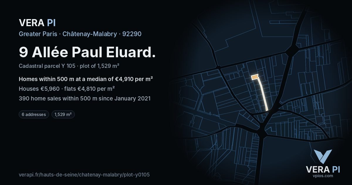 9 Allée Paul Eluard, Châtenay-Malabry at night – the plot lit, the parcels around coloured by the prices near them