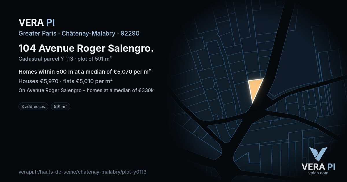 104 Avenue Roger Salengro, Châtenay-Malabry at night – the plot lit, the parcels around coloured by the prices near them