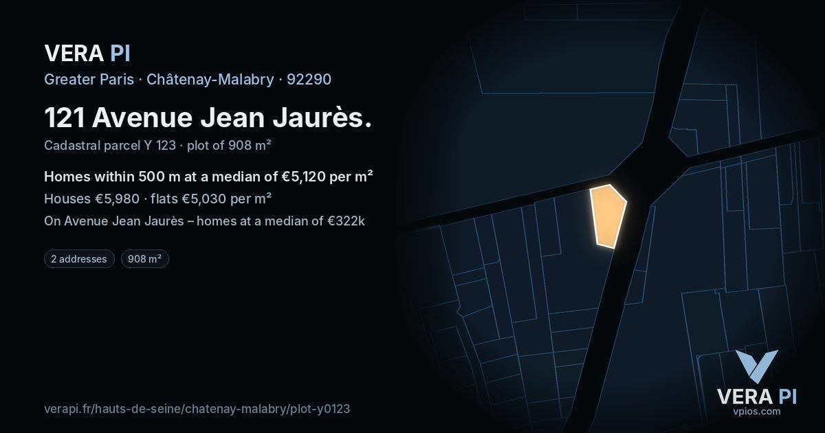 121 Avenue Jean Jaurès, Châtenay-Malabry at night – the plot lit, the parcels around coloured by the prices near them