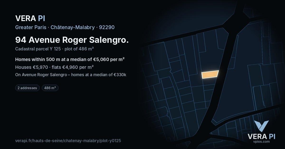 94 Avenue Roger Salengro, Châtenay-Malabry at night – the plot lit, the parcels around coloured by the prices near them