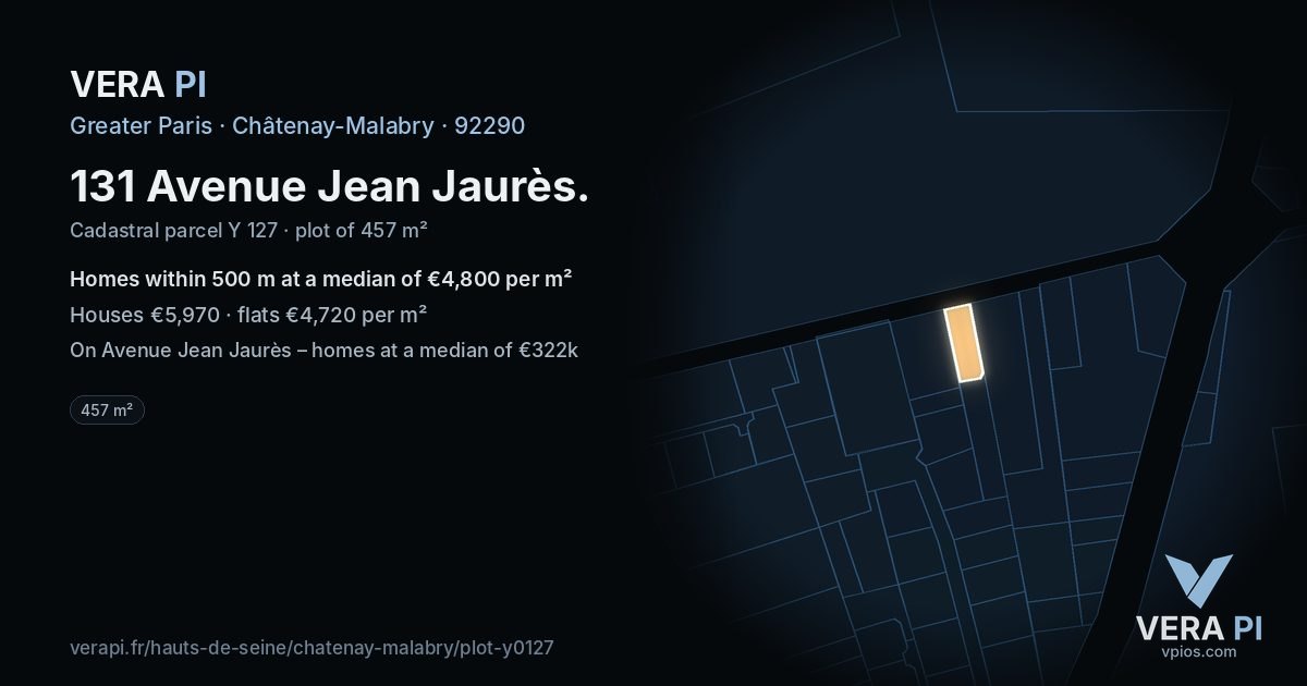 131 Avenue Jean Jaurès, Châtenay-Malabry at night – the plot lit, the parcels around coloured by the prices near them