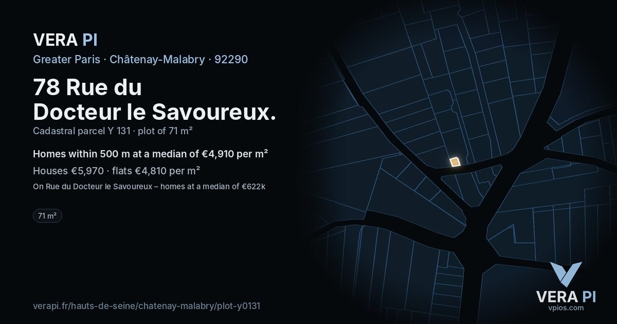 78 Rue du Docteur le Savoureux, Châtenay-Malabry at night – the plot lit, the parcels around coloured by the prices near them