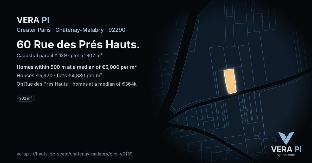 60 Rue des Prés Hauts, Châtenay-Malabry at night – the plot lit, the parcels around coloured by the prices near them