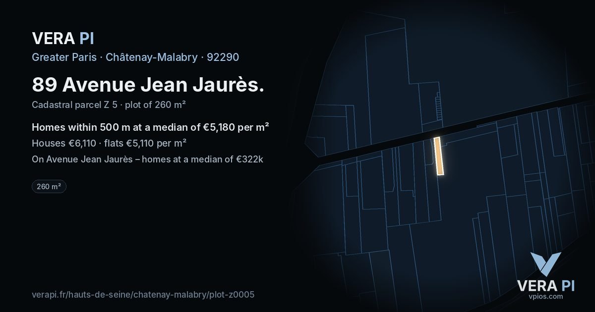 89 Avenue Jean Jaurès, Châtenay-Malabry at night – the plot lit, the parcels around coloured by the prices near them
