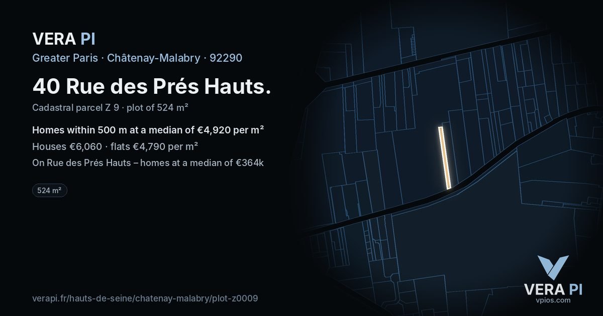 40 Rue des Prés Hauts, Châtenay-Malabry at night – the plot lit, the parcels around coloured by the prices near them
