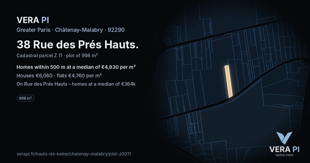 38 Rue des Prés Hauts, Châtenay-Malabry at night – the plot lit, the parcels around coloured by the prices near them