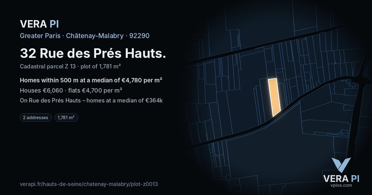 32 Rue des Prés Hauts, Châtenay-Malabry at night – the plot lit, the parcels around coloured by the prices near them