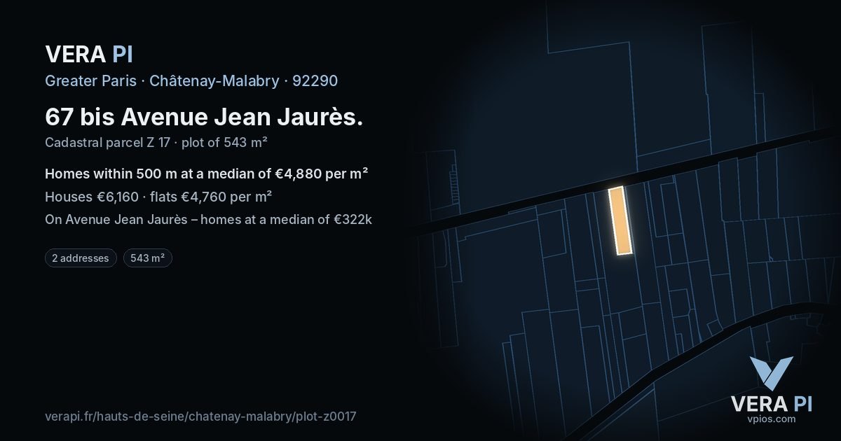 67 bis Avenue Jean Jaurès, Châtenay-Malabry at night – the plot lit, the parcels around coloured by the prices near them